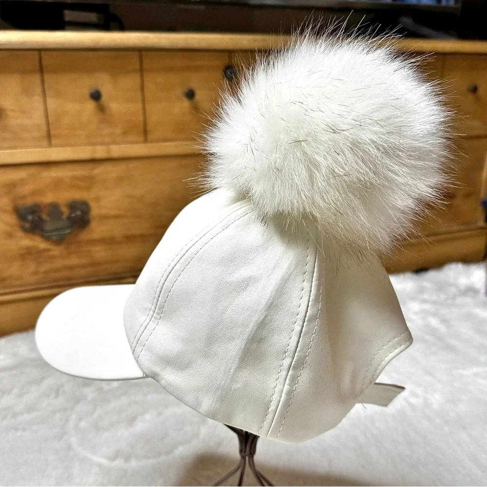 Vera NY Faux Leather Pom Adjustable Cap Hat Off-White Women’s OS